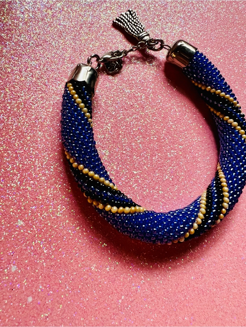 Handmade Chunky Blue and Gold Bead Bracelet for Women